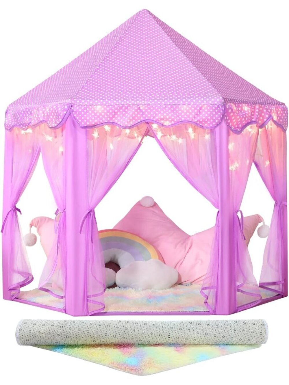 Kids Purple Castle Play Tent with Rug Star Lights Indoor and Outdoor Games